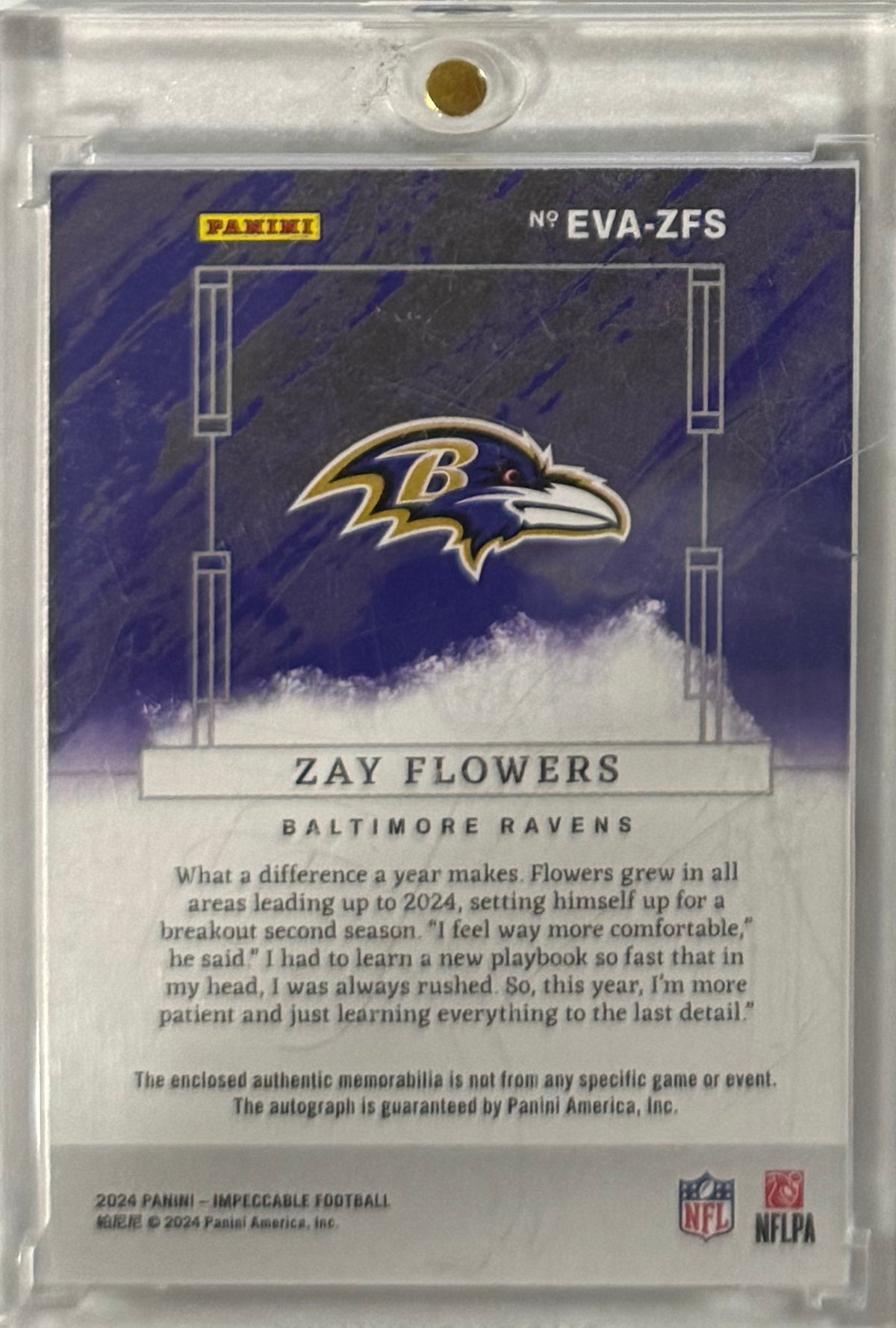 2024 Zay Flowers Impeccable Elegance Veteran Patch Autographs — back — Inventory P052-C