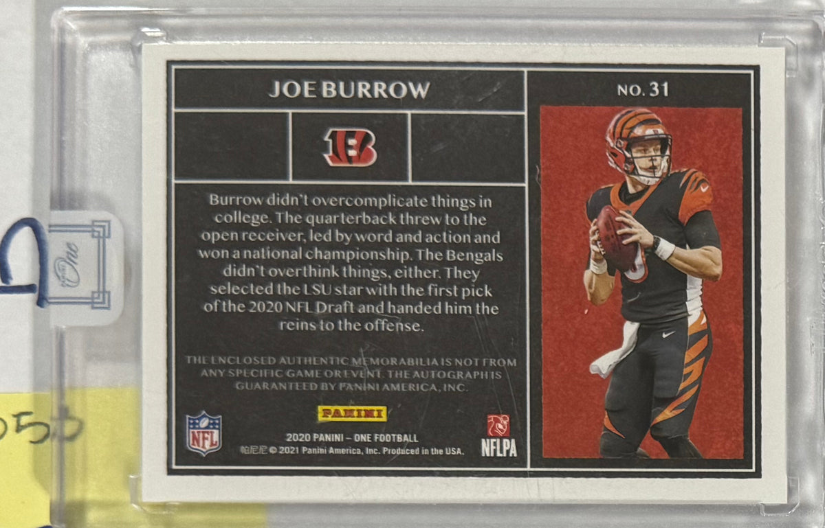 2020 Joe Burrow Panini One Rookie Dual Patch Autographs — back — Inventory P053-B