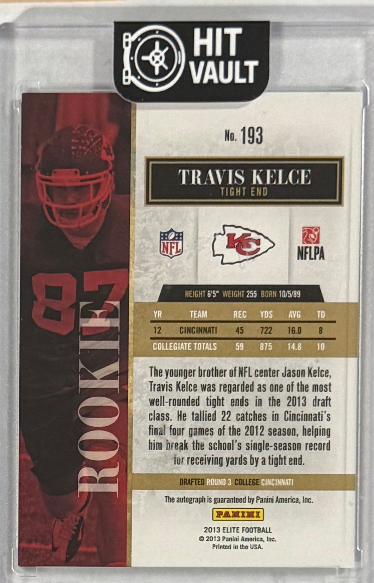 2013 Travis Kelce — Elite Turn of the Century Rookie Signatures — back — Inventory P058-B