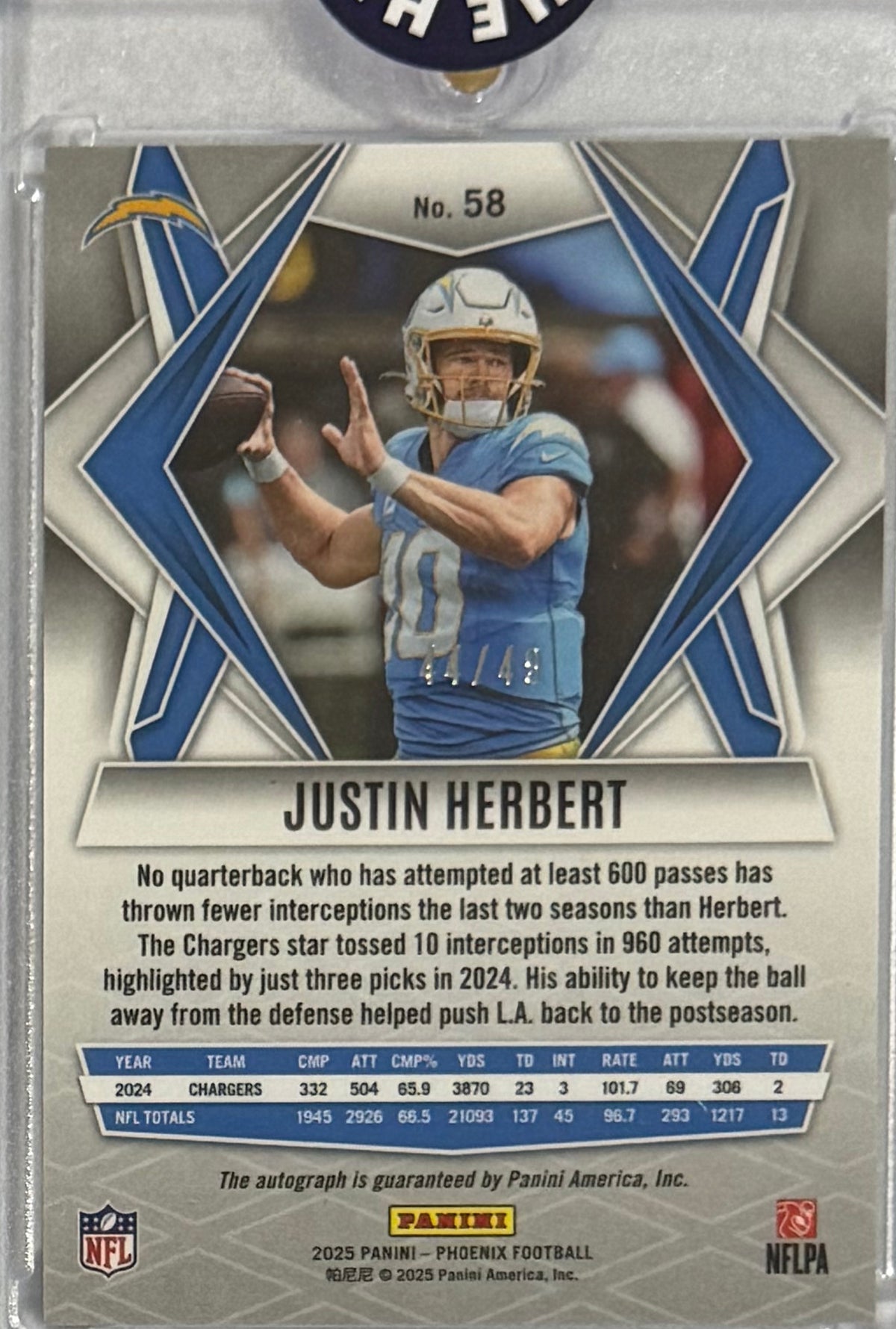 2025 Justin Herbert — Phoenix Base Autographs Blue — back — Inventory P059-B