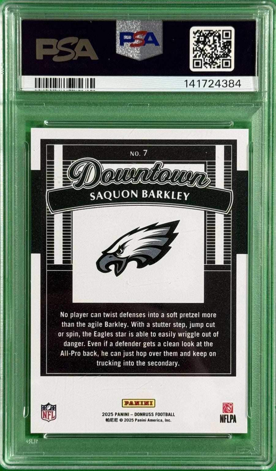 2025 Saquon Barkley Donruss Downtown PSA 10 — back — P100-A — certification 141724384