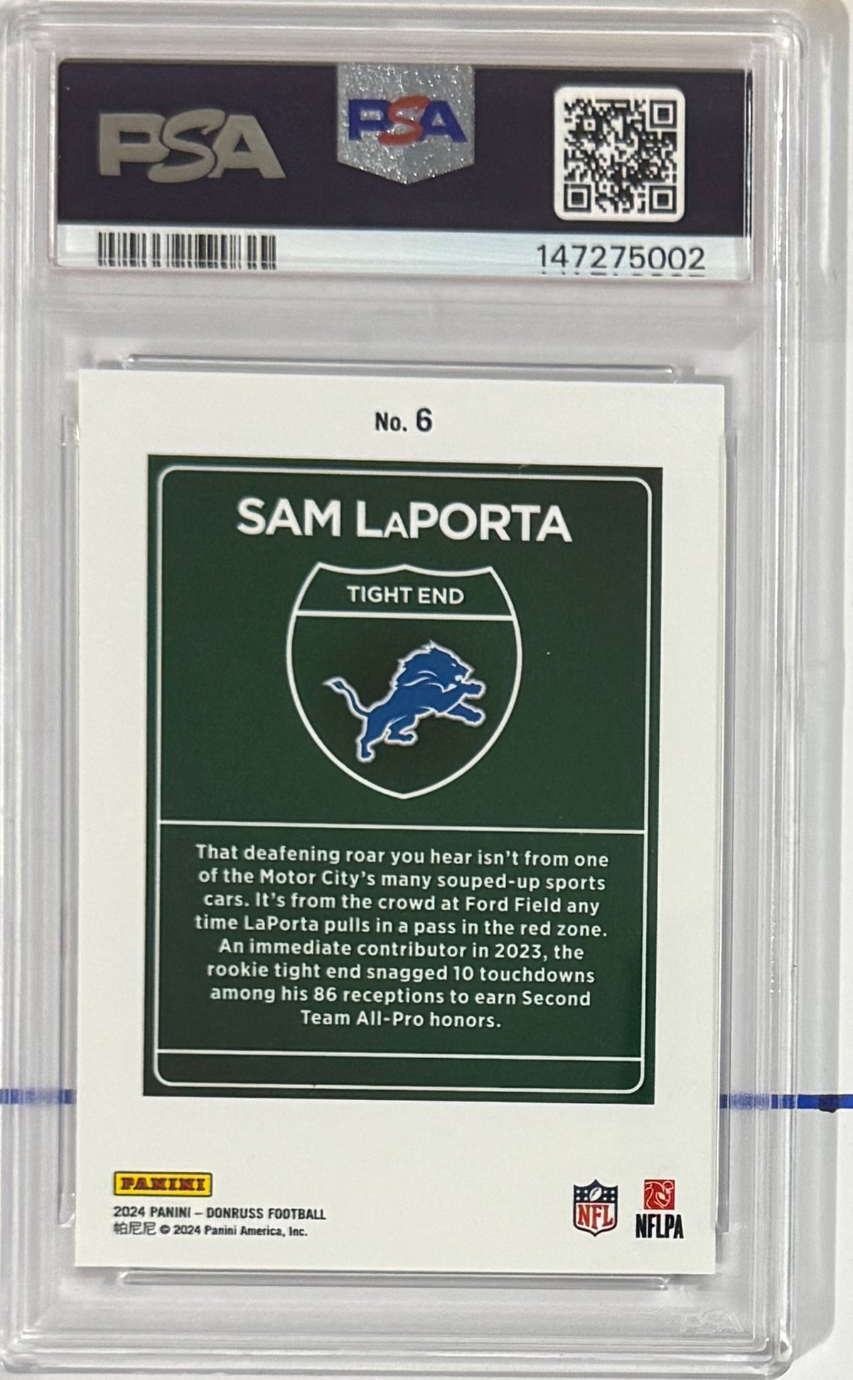 2024 Sam LaPorta — Donruss Downtown — PSA 9 — back — Inventory P102-A
