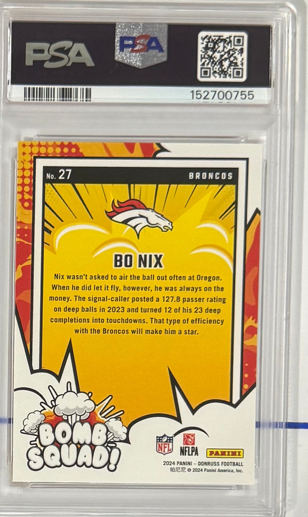 2024 Bo Nix — Donruss Bomb Squad — PSA 10 — back — Inventory P113-B