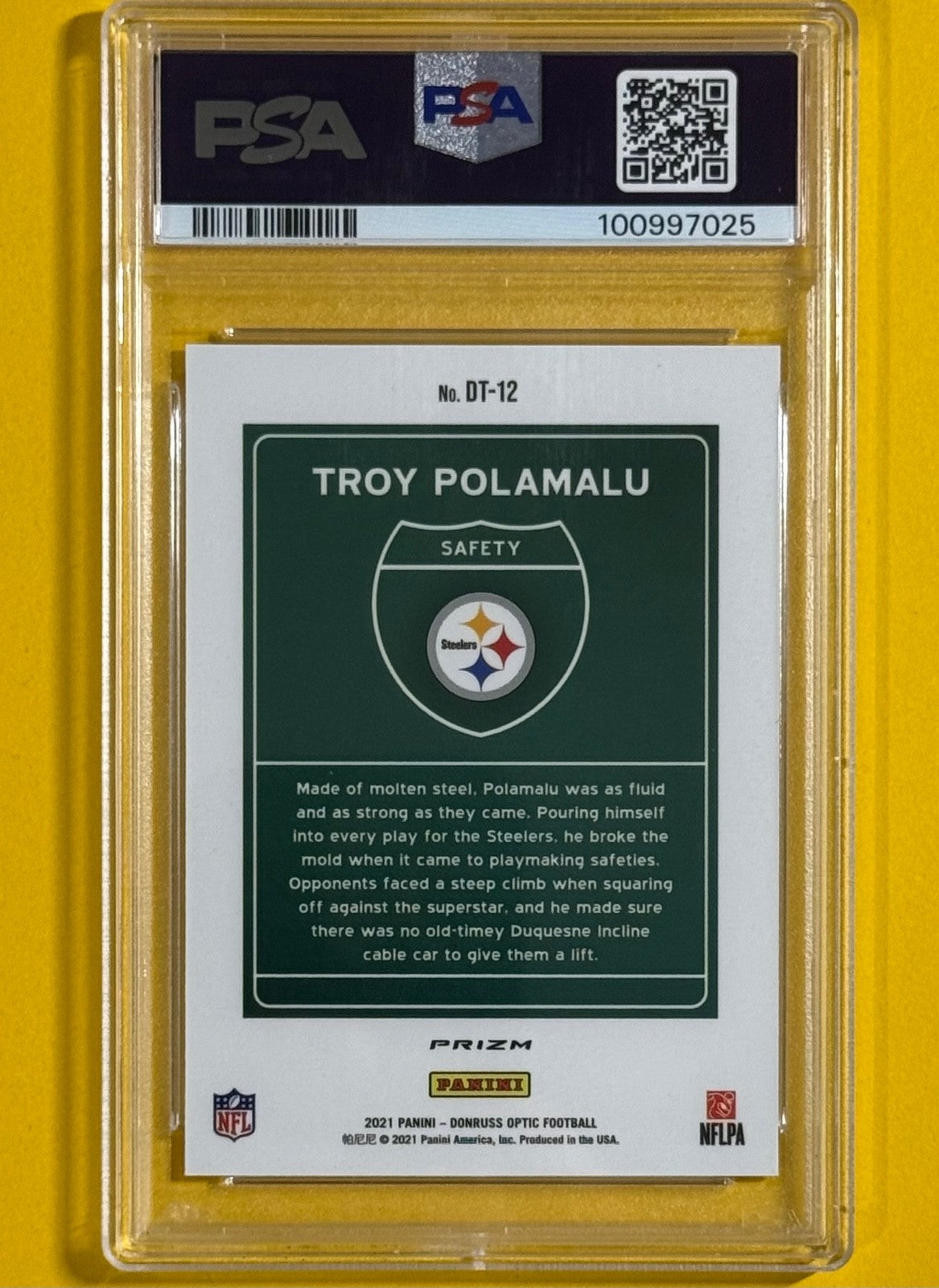 2021 Troy Polamalu Donruss Optic Downtown PSA 10 — back — Inventory P145-A