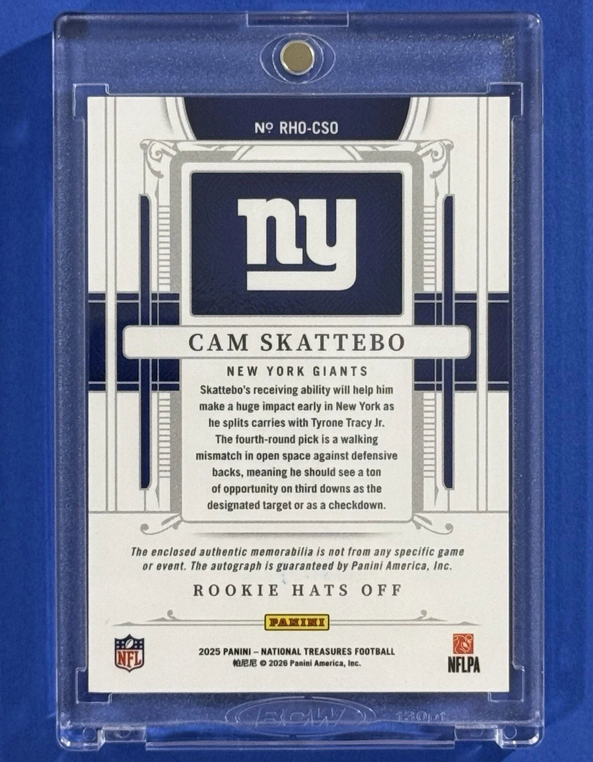 P717-A — 2025 National Treasures Cam Skattebo Rookie Hats Off NFL Shield Auto — back