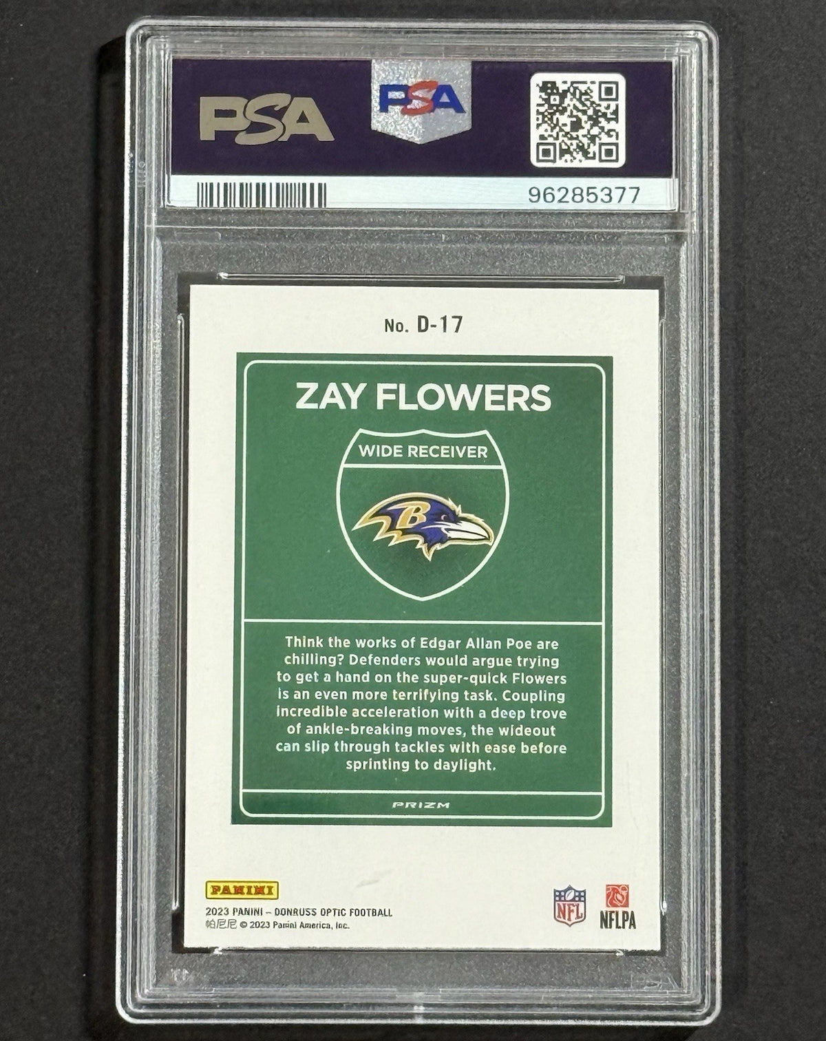 2023 Zay Flowers — Donruss Optic Downtown — PSA 10 — back — Inventory P596-D