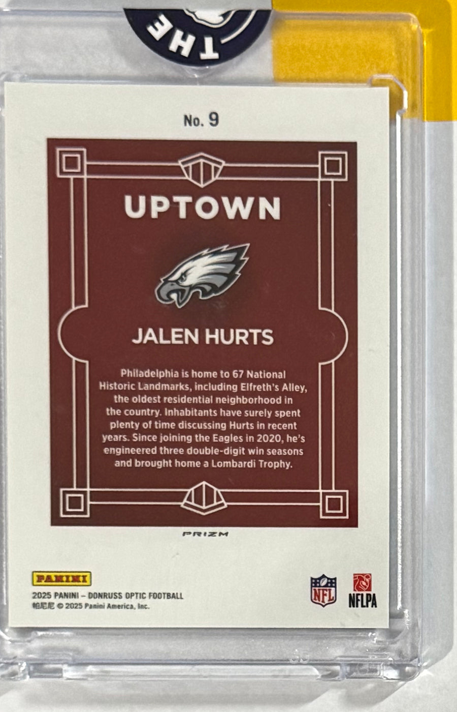 2025 Jalen Hurts — Donruss Optic Uptown — back photograph