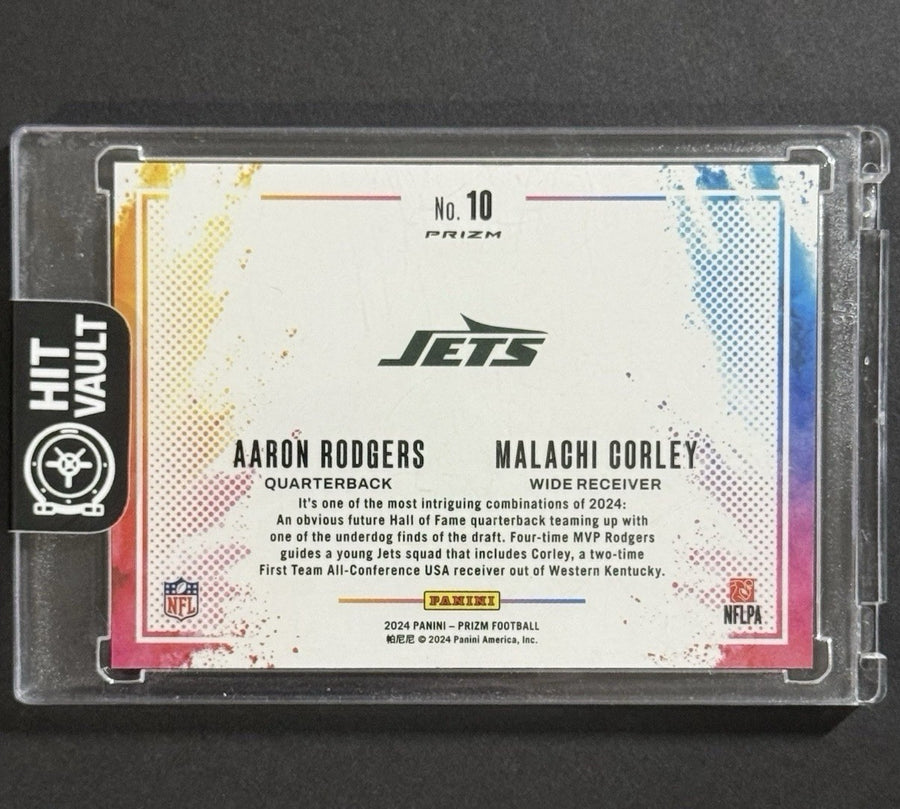 2024 Aaron Rodgers / Malachi Corley — Prizm Color Blast Dual [SSP / Case Hit] — back photograph