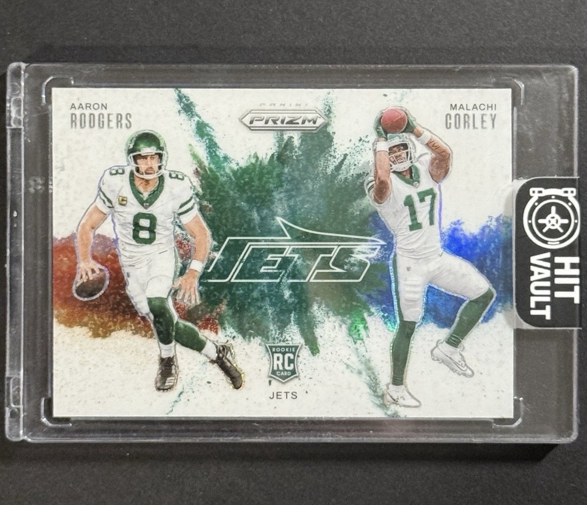 2024 Aaron Rodgers / Malachi Corley — Prizm Color Blast Dual [SSP / Case Hit] — front — Inventory P034-C