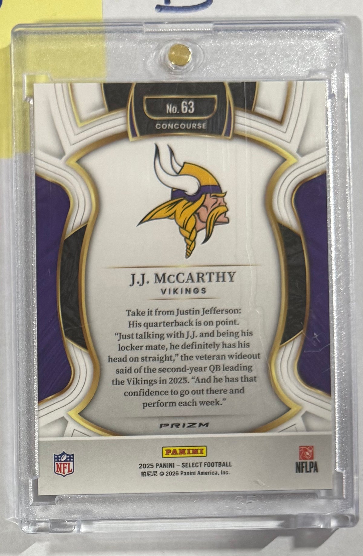 2025 J.J. McCarthy Select Concourse Tiger Prizm — back — Inventory P040-B