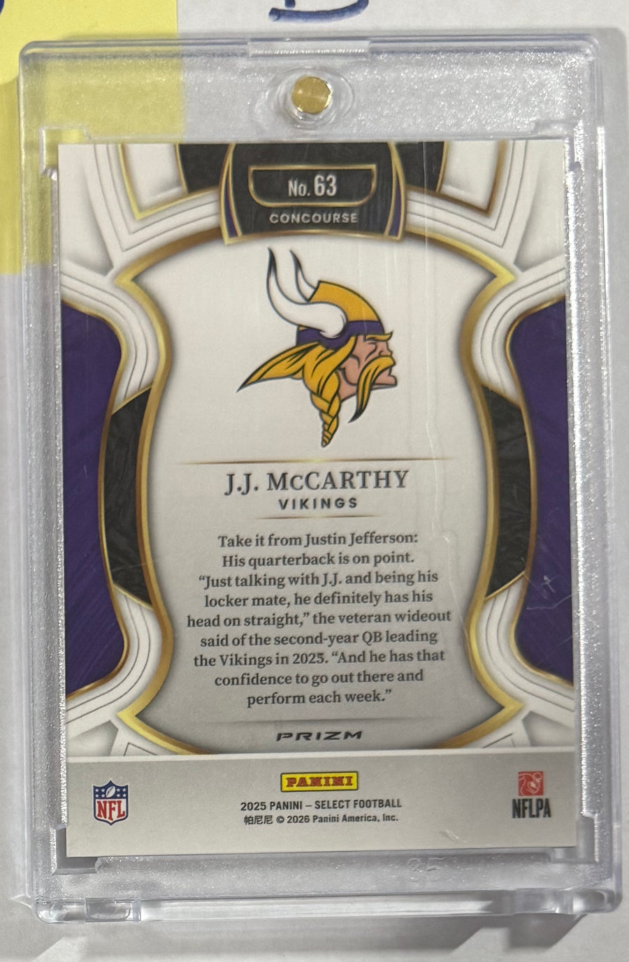 2025 J.J. McCarthy — Select Concourse [Tiger Prizm] — back photograph