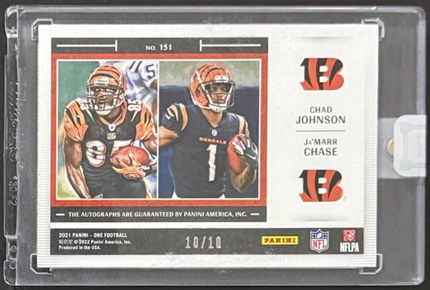 2021 Chad Johnson / Ja'Marr Chase — Panini One Plus One Signatures [Gold] — back — Inventory P050-A