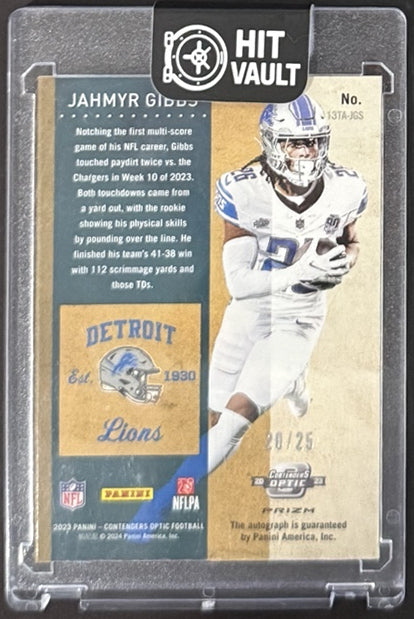 2023 Jahmyr Gibbs — Contenders Optic 2013 Contenders Throwback Rookie Autographs — back — Inventory P050-C