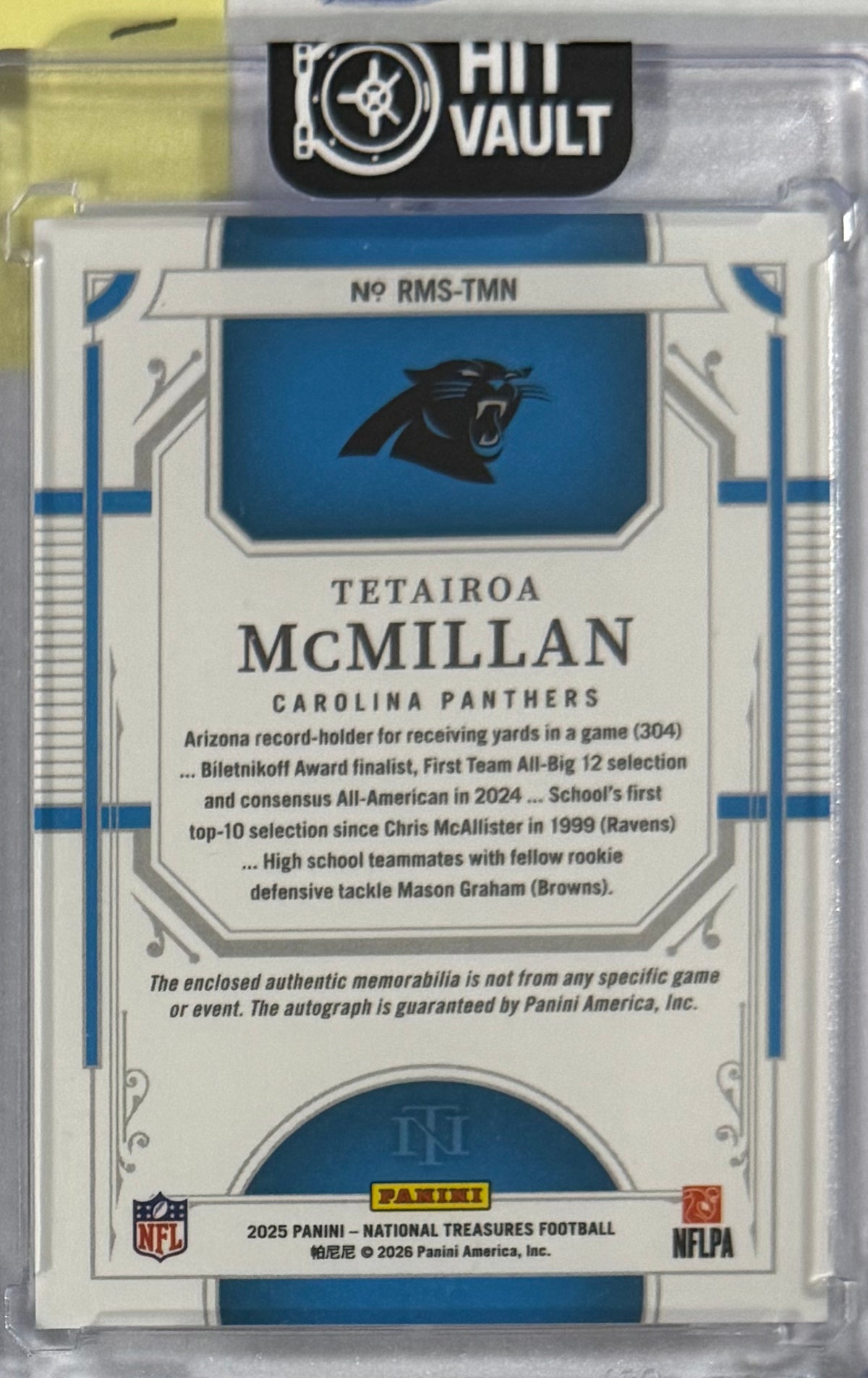 2025 Tetairoa McMillan National Treasures Rookie Material Signatures RPS Triple — back — Inventory P051-B