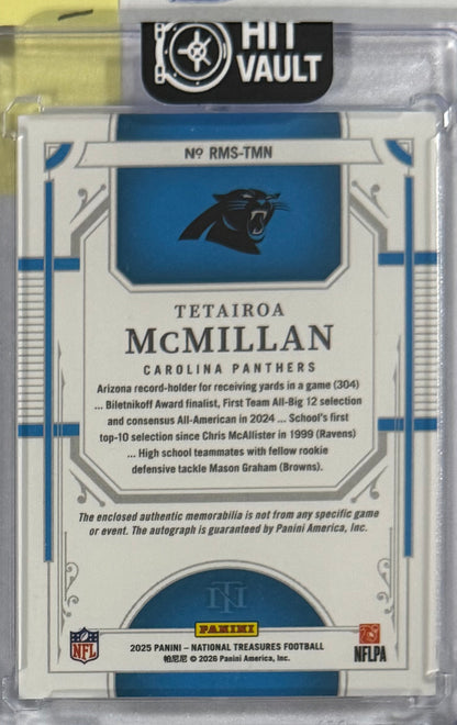 2025 Tetairoa McMillan National Treasures Rookie Material Signatures RPS Triple — back — Inventory P051-B
