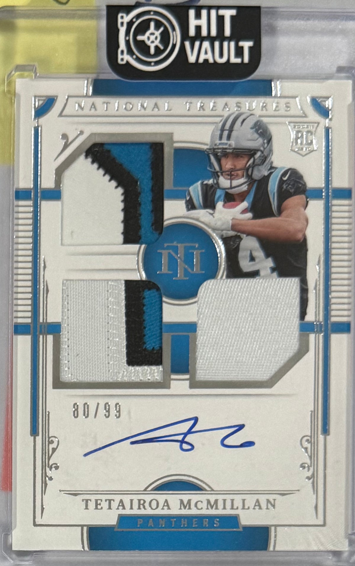 2025 Tetairoa McMillan National Treasures Rookie Material Signatures RPS Triple — front — Inventory P051-B