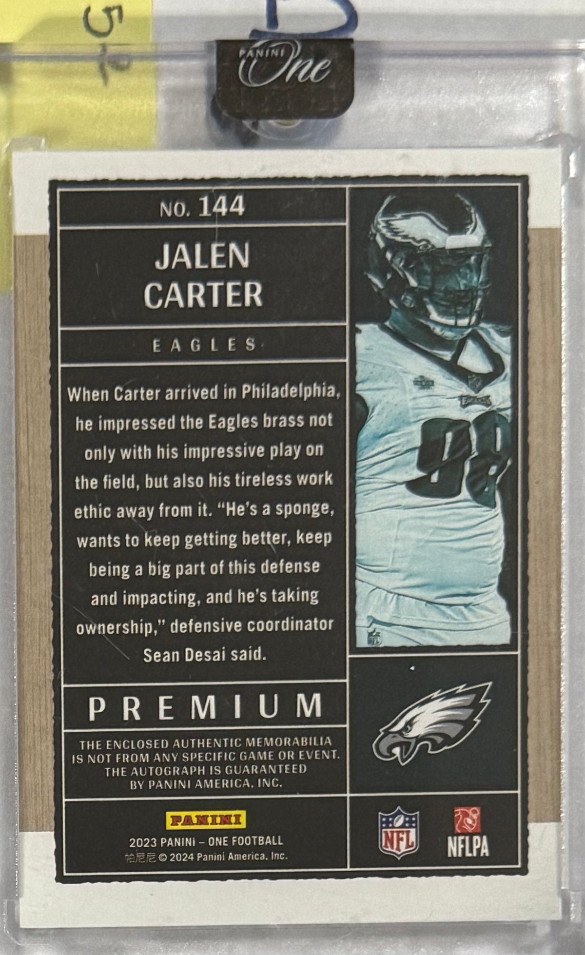 2023 Jalen Carter — One Premium Rookie Patch Autographs — 14/15 — back — Inventory P052-B