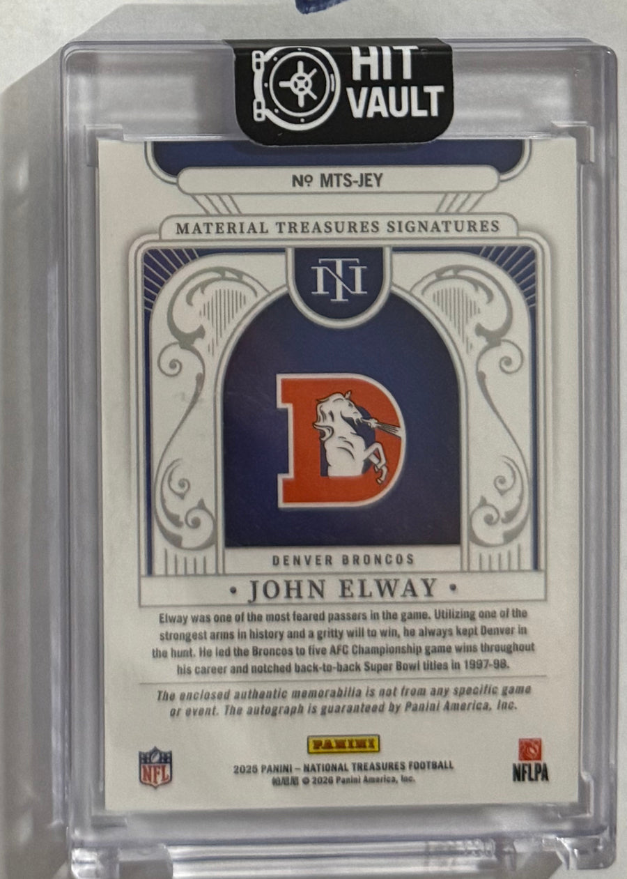 2025 John Elway — National Treasures Material Treasures Signatures [Holo Silver] — back photograph