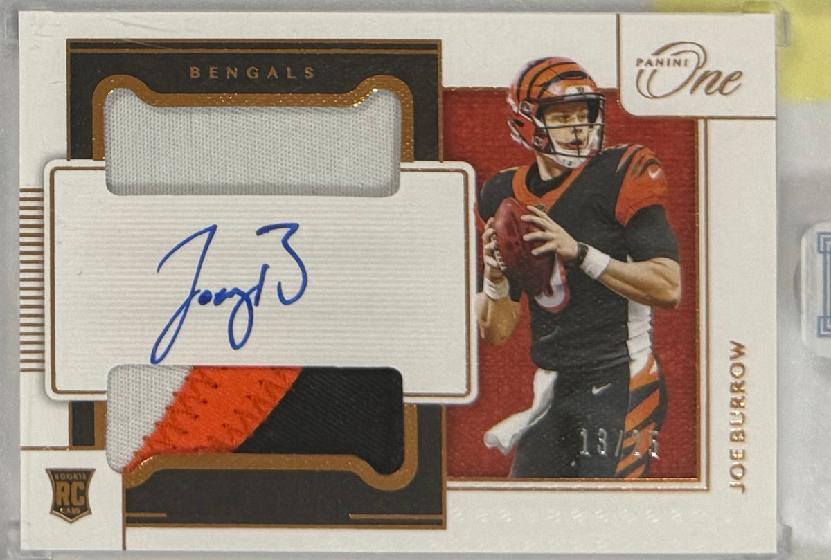 2020 Joe Burrow Panini One Rookie Dual Patch Autographs — front — Inventory P053-B