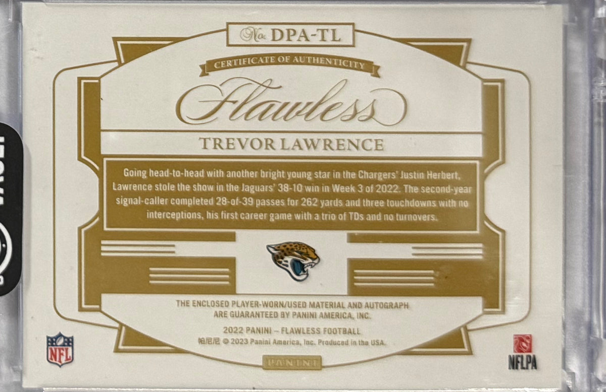 2022 Trevor Lawrence — Flawless Dual Patch Autographs — 02/10 — back — Inventory P053-C