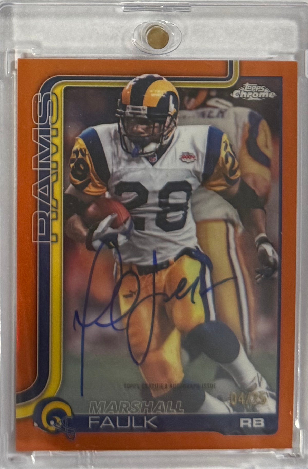 2025 Marshall Faulk Chrome Legends Autographs Orange Refractor — front — Inventory P054-D