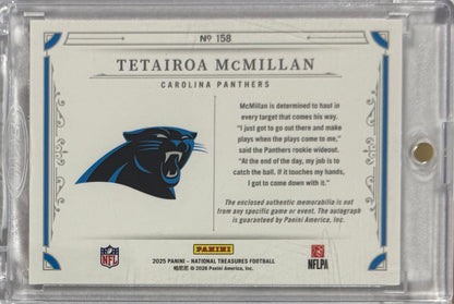 2025 Tetairoa McMillan National Treasures Rookie Patch Autographs Stars & Stripes Holo Silver — back — Inventory P055-A