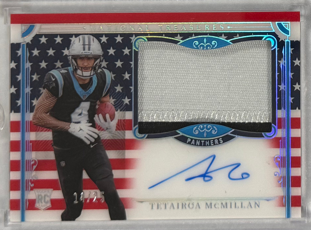 2025 Tetairoa McMillan National Treasures Rookie Patch Autographs Stars & Stripes Holo Silver — front — Inventory P055-A