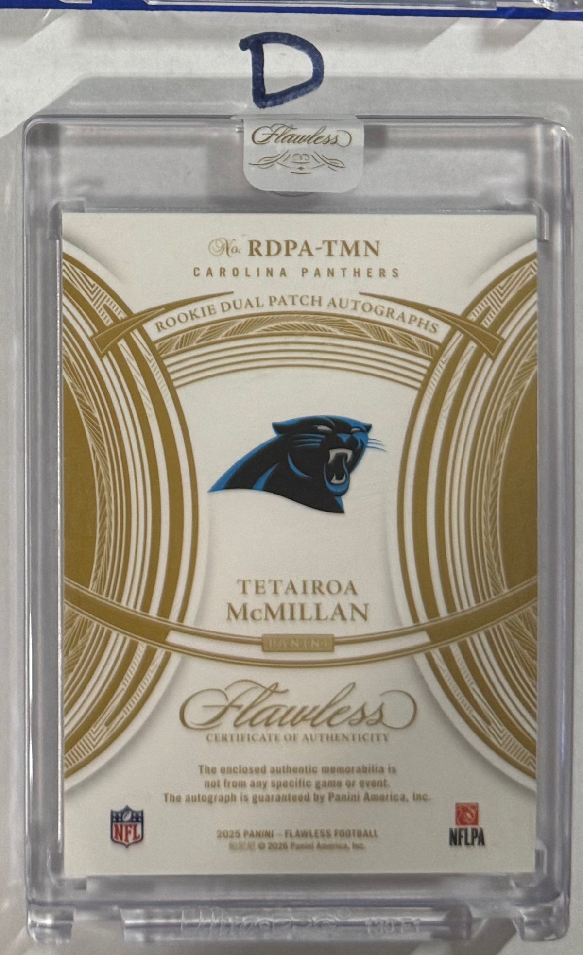 2025 Tetairoa McMillan — Flawless Rookie Dual Patch Autographs [Silver] — back — Inventory P056-D