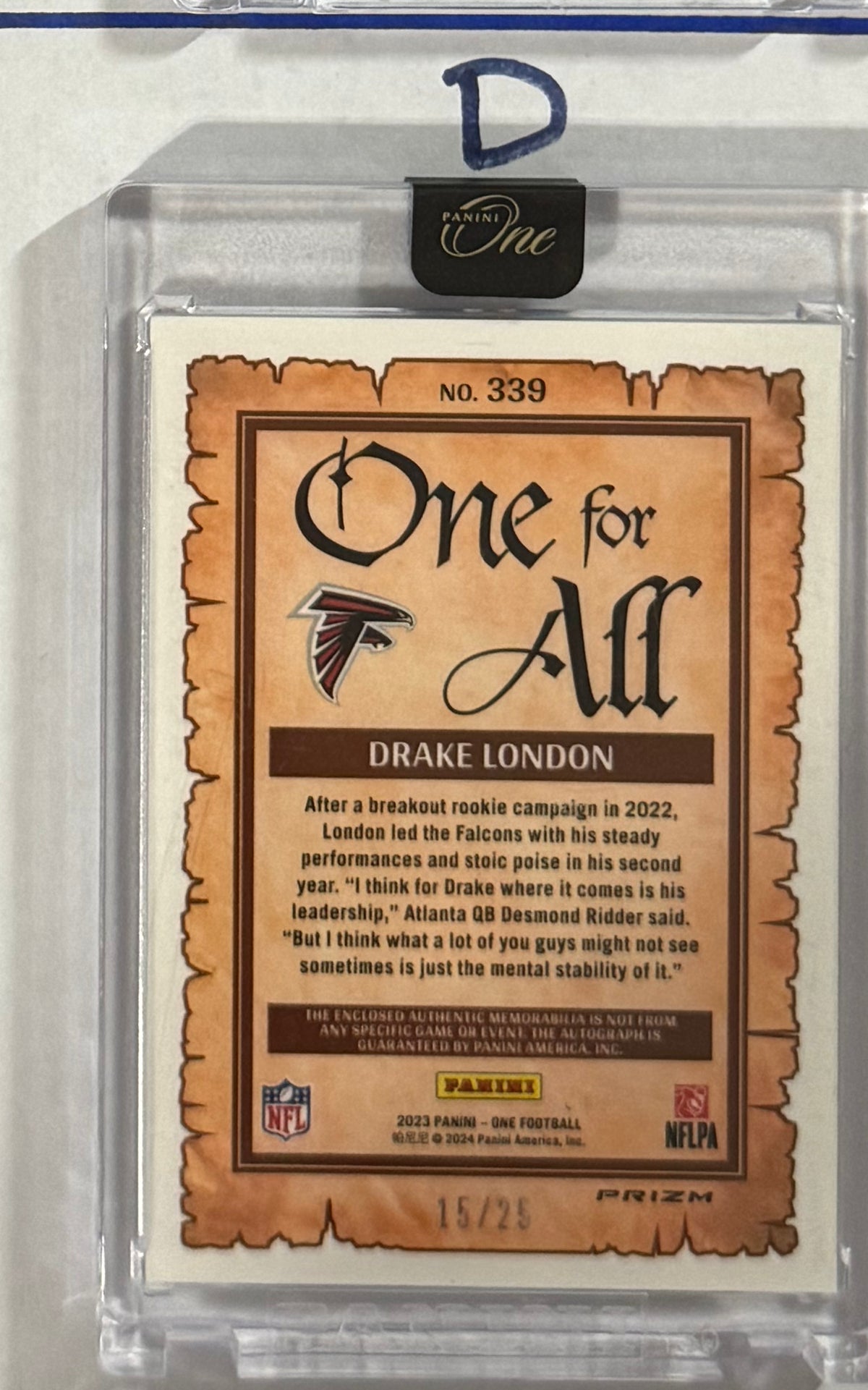2023 Drake London — Panini One One for All Autographs Red — back — Inventory P059-D