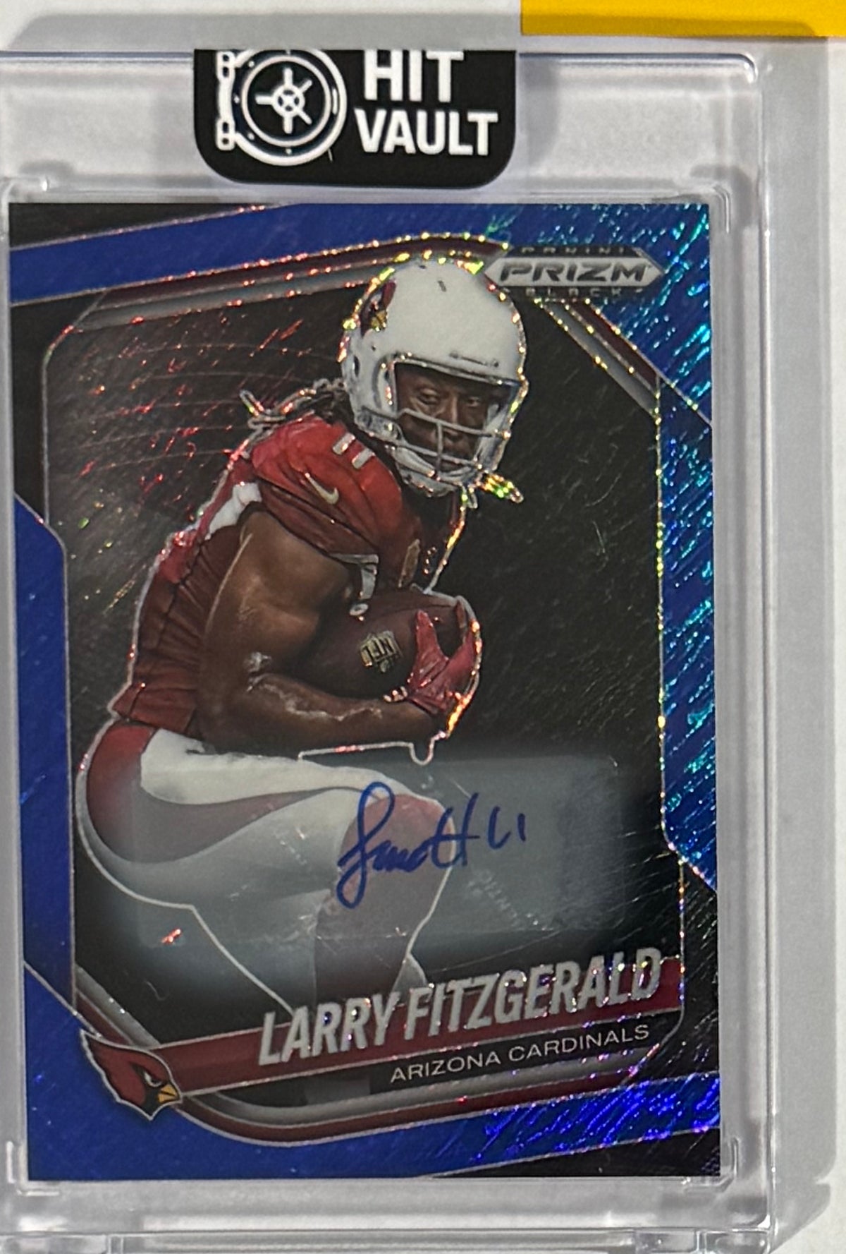 2025 Larry Fitzgerald — Prizm Black Autographs Blue Shimmer FOTL Prizm — front — Inventory P060-A