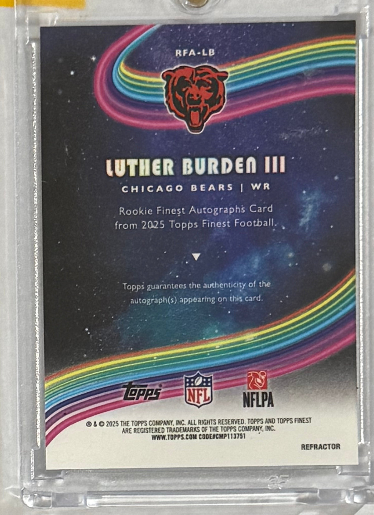 2025 Luther Burden III — Finest Rookie Finest Autographs Refractor — back — Inventory P061-B