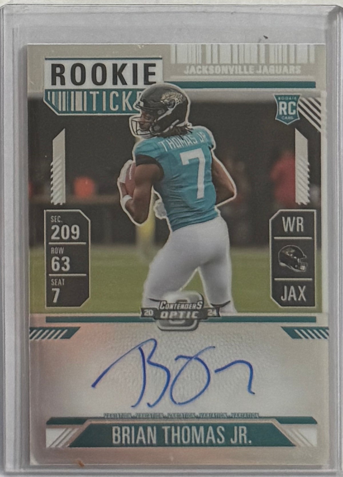 2024 Brian Thomas Jr. — Contenders Optic Rookie Ticket RPS Autographs Silver Prizm — front — Inventory P062-D