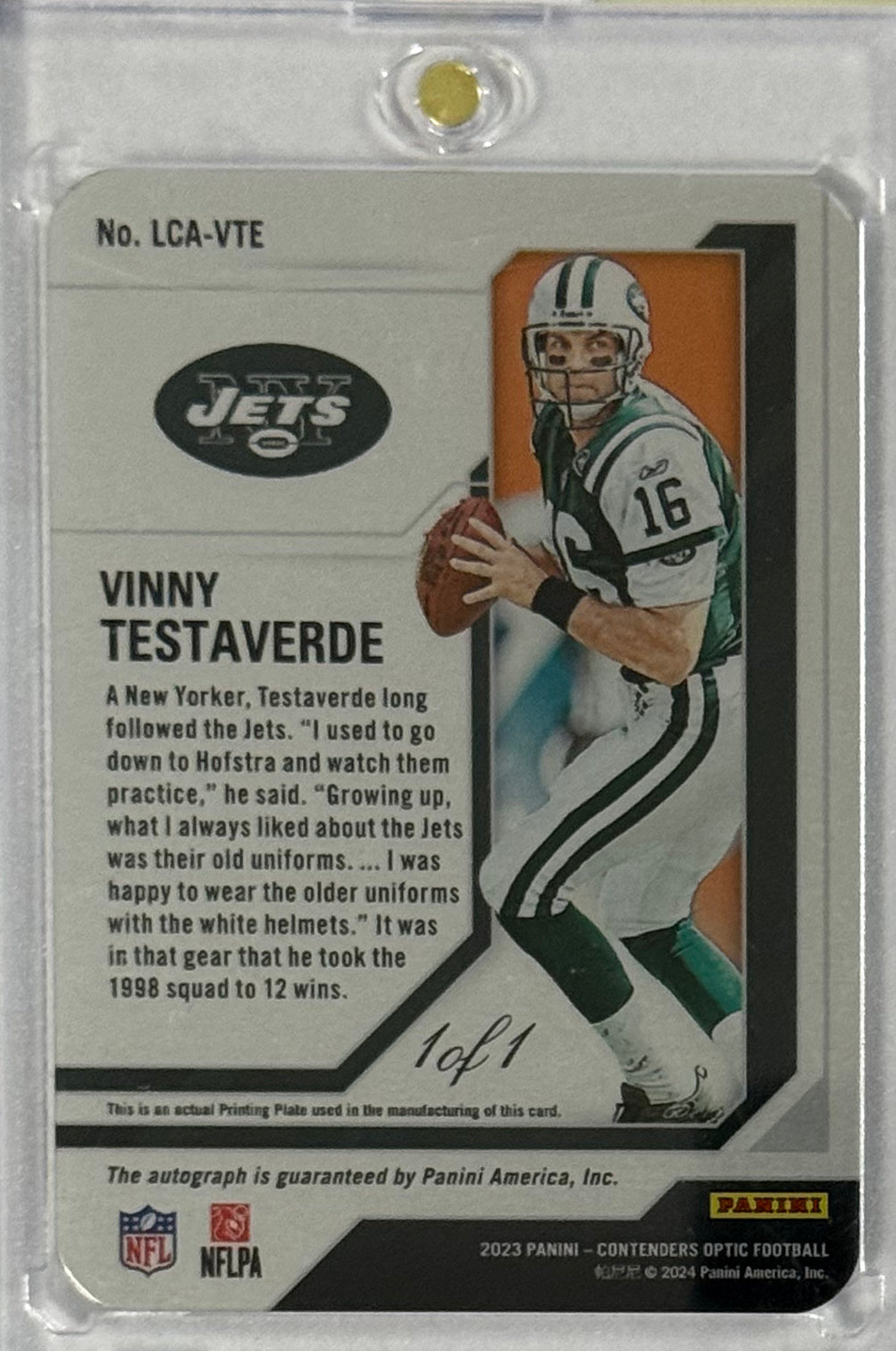 2023 Vinny Testaverde — Contenders Optic Legendary Contenders Autographs Magenta Printing Plate 1/1 — back — Inventory P064-A