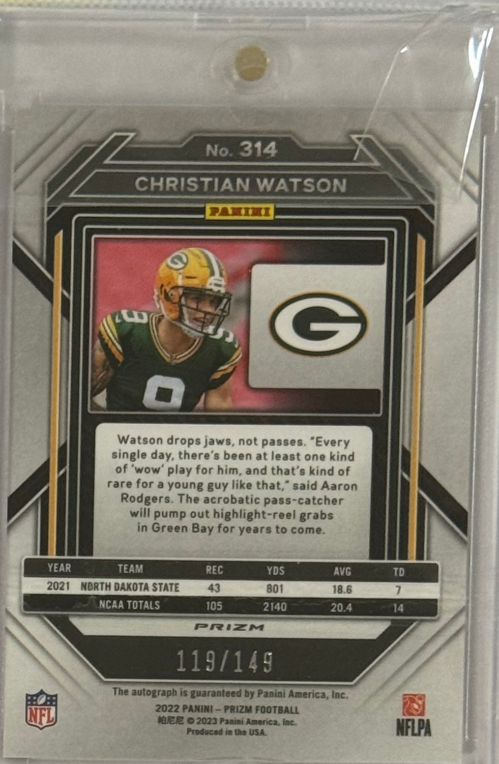 2022 Christian Watson — Prizm Rookie Autographs Red Wave Prizm 119/149 — back — Inventory P064-B