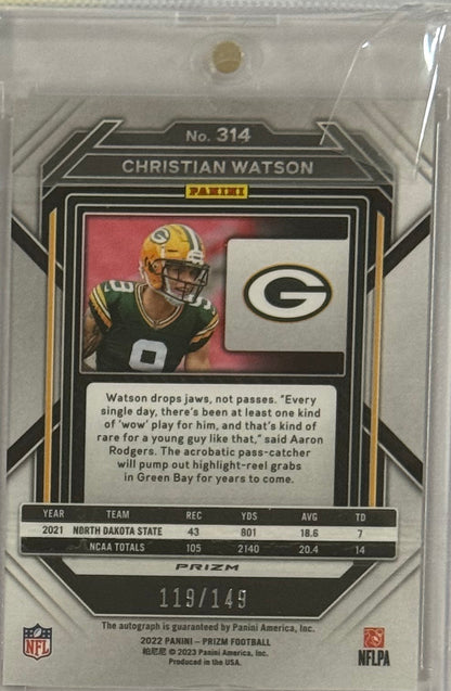 2022 Christian Watson — Prizm Rookie Autographs Red Wave Prizm 119/149 — back — Inventory P064-B