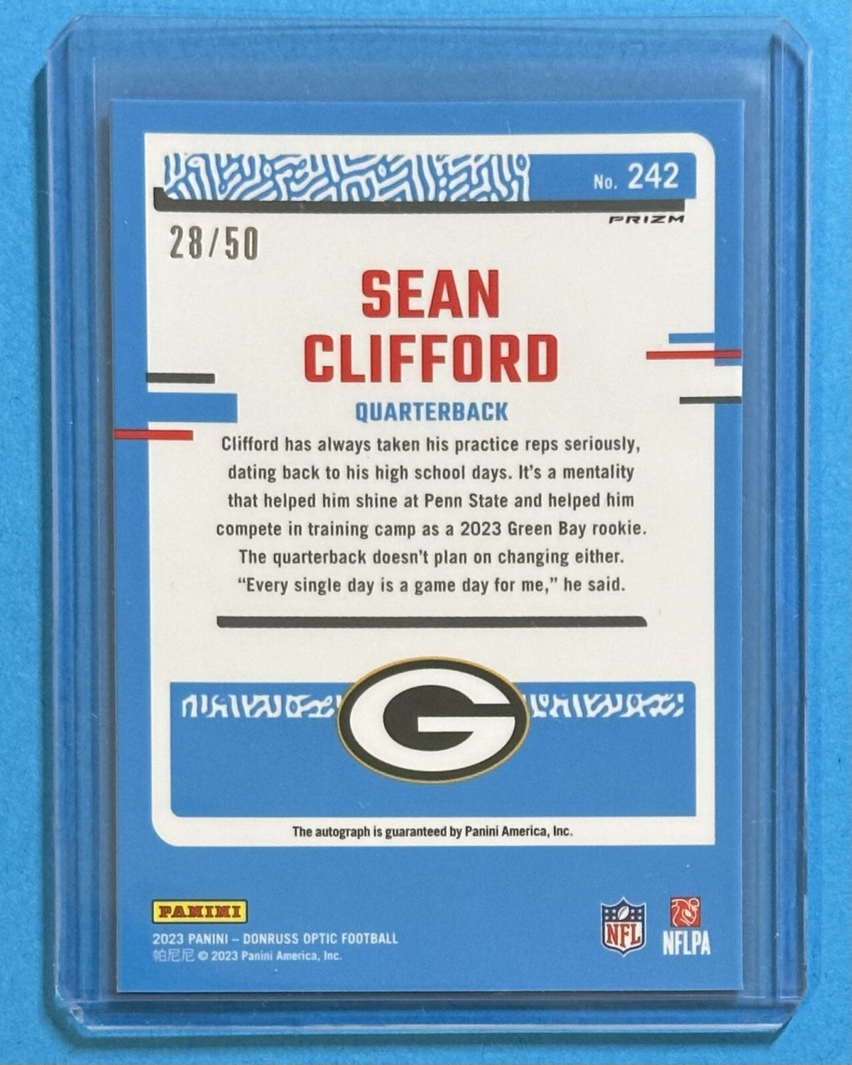 2023 Sean Clifford — Donruss Optic Rated Rookie RPS Autographs [Pink Velocity] — back — Inventory P065-B