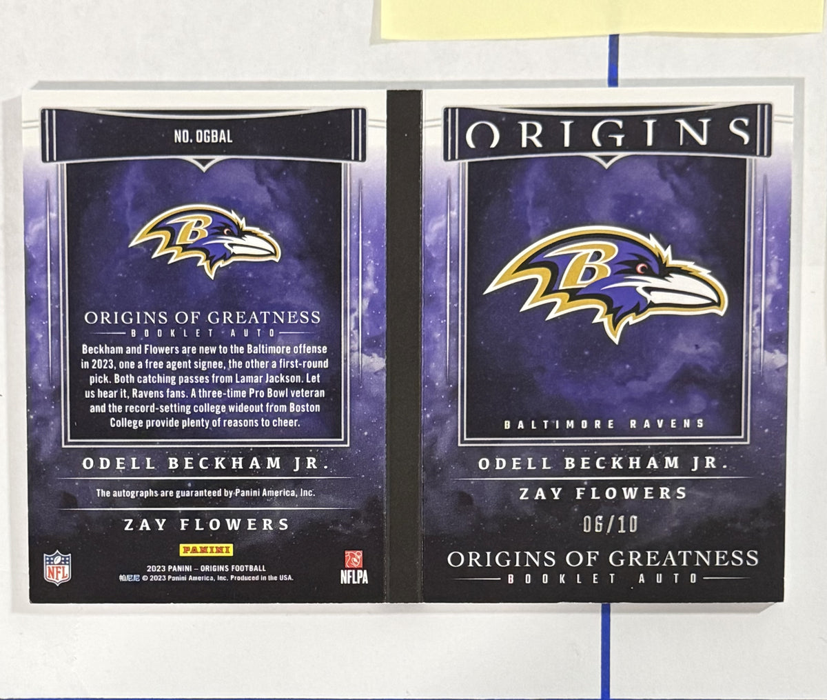 2023 Odell Beckham Jr. / Zay Flowers — Origins Dual Booklet Autographs — 06/10 — back — Inventory P066-A