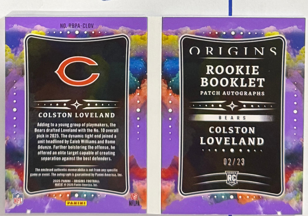 2025 Colston Loveland — Origins Rookie Booklet Patch Autographs Purple 02/23 — booklet back — Inventory P066-C