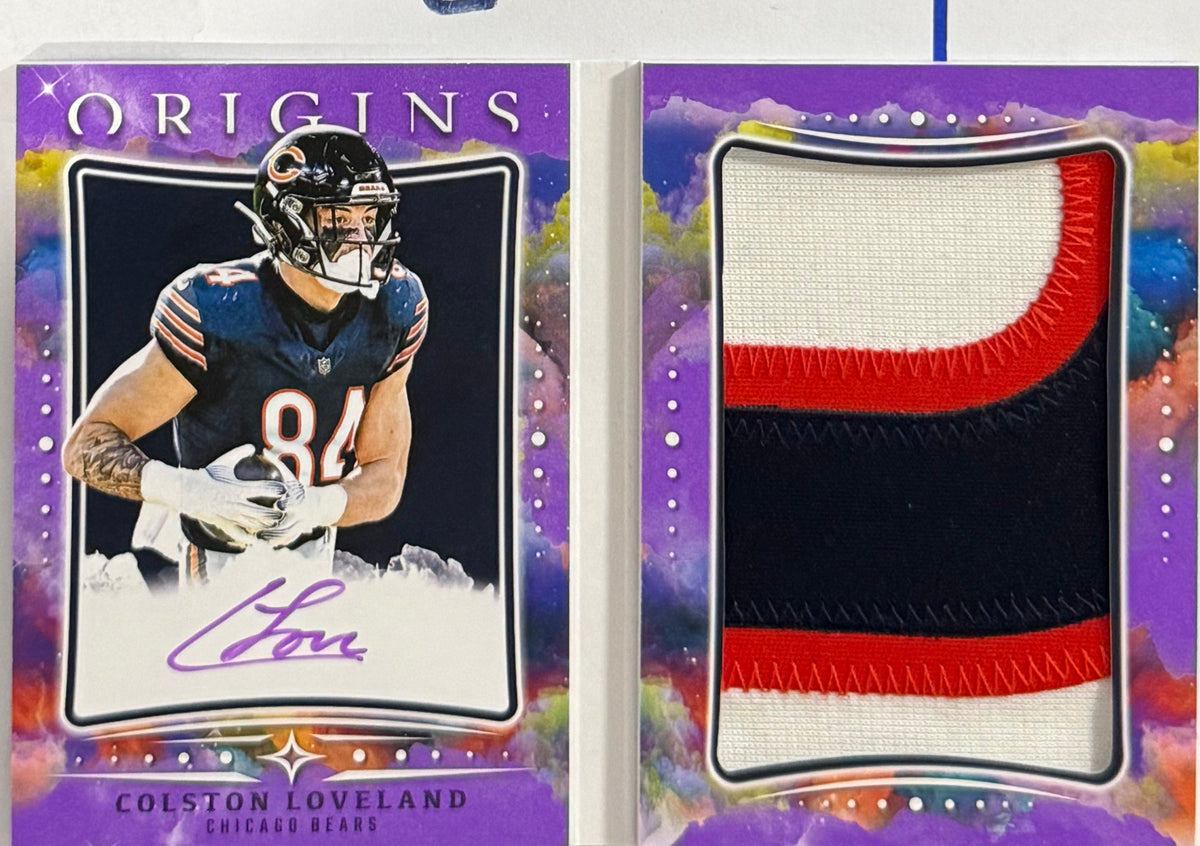 2025 Colston Loveland — Origins Rookie Booklet Patch Autographs Purple 02/23 — open booklet front — Inventory P066-C
