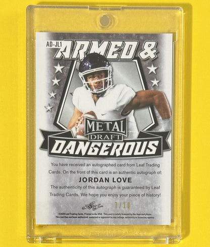 2020 Jordan Love — Leaf Metal Draft Armed & Dangerous Autographs [Purple Mojo Prismatic] — 7/10 — back — Inventory P070-A