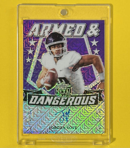 2020 Jordan Love — Leaf Metal Draft Armed & Dangerous Autographs [Purple Mojo Prismatic] — 7/10 — front — Inventory P070-A