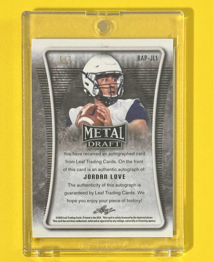 2020 Jordan Love — Metal Draft Portrait Autographs [Black Wave] — back — Inventory P070-B