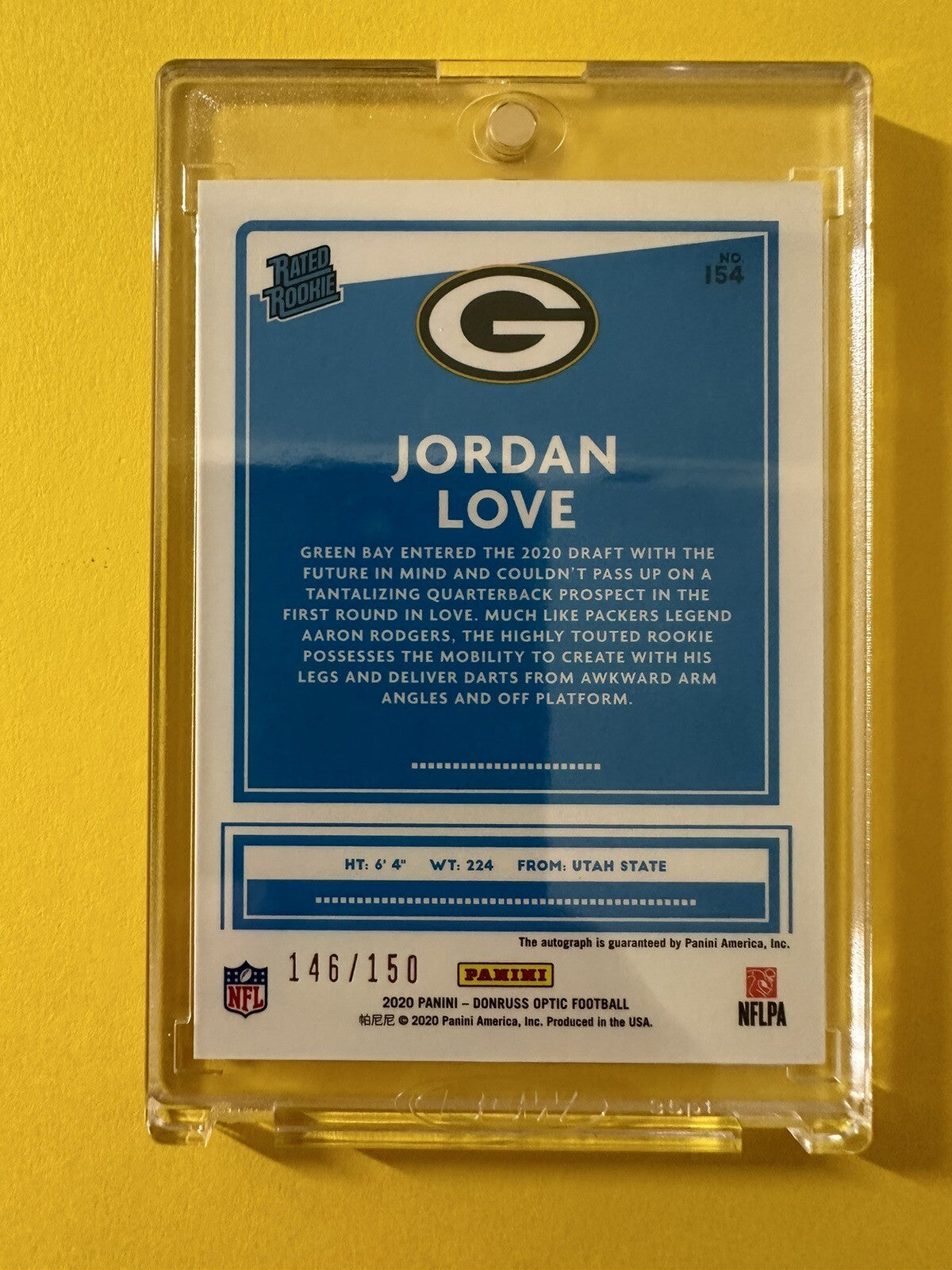 2020 Jordan Love — Donruss Optic Rated Rookie Autographs [White] — back — Inventory P070-D