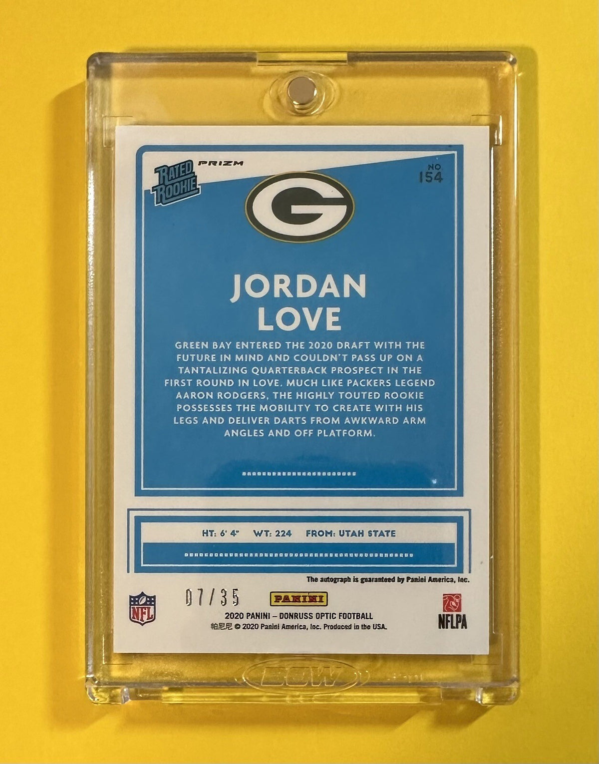2020 Jordan Love — Donruss Optic Rated Rookie Autographs [Purple Prizm] — back — Inventory P071-A