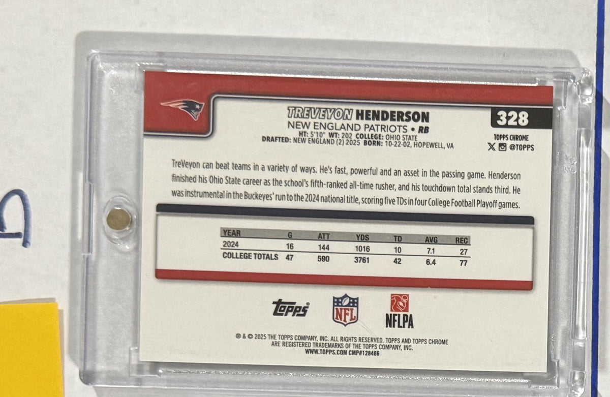 2025 TreVeyon Henderson — Topps Chrome Sapphire Edition [Black Cracked Ice Refractor] — back — Inventory P080-B