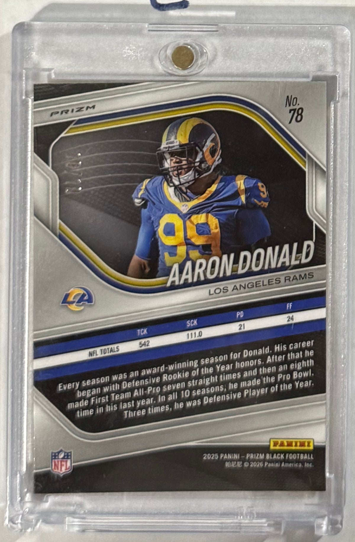 2025 Aaron Donald — Prizm Black Base [Gold Shimmer Prizm] — back — Inventory P080-C
