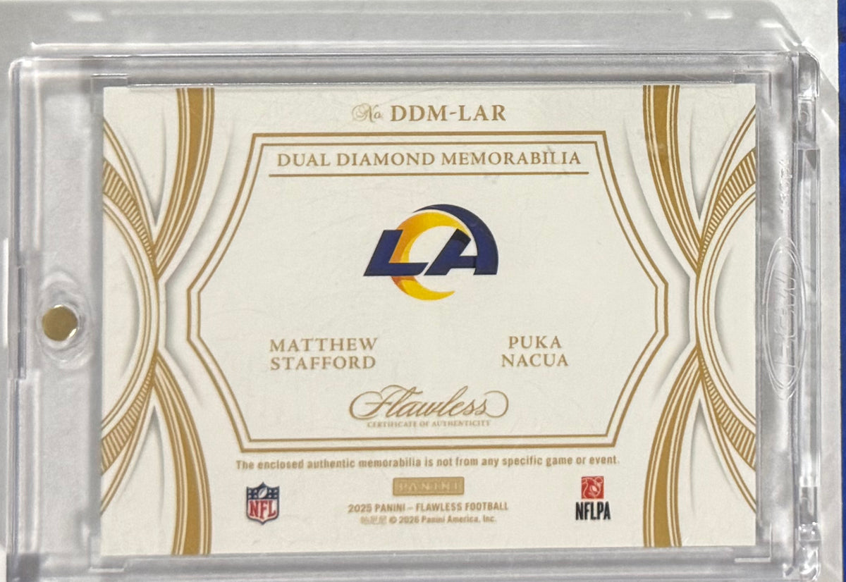 2024 Matthew Stafford / Puka Nacua — Flawless Dual Diamond Memorabilia [Silver] — back — Inventory P081-A