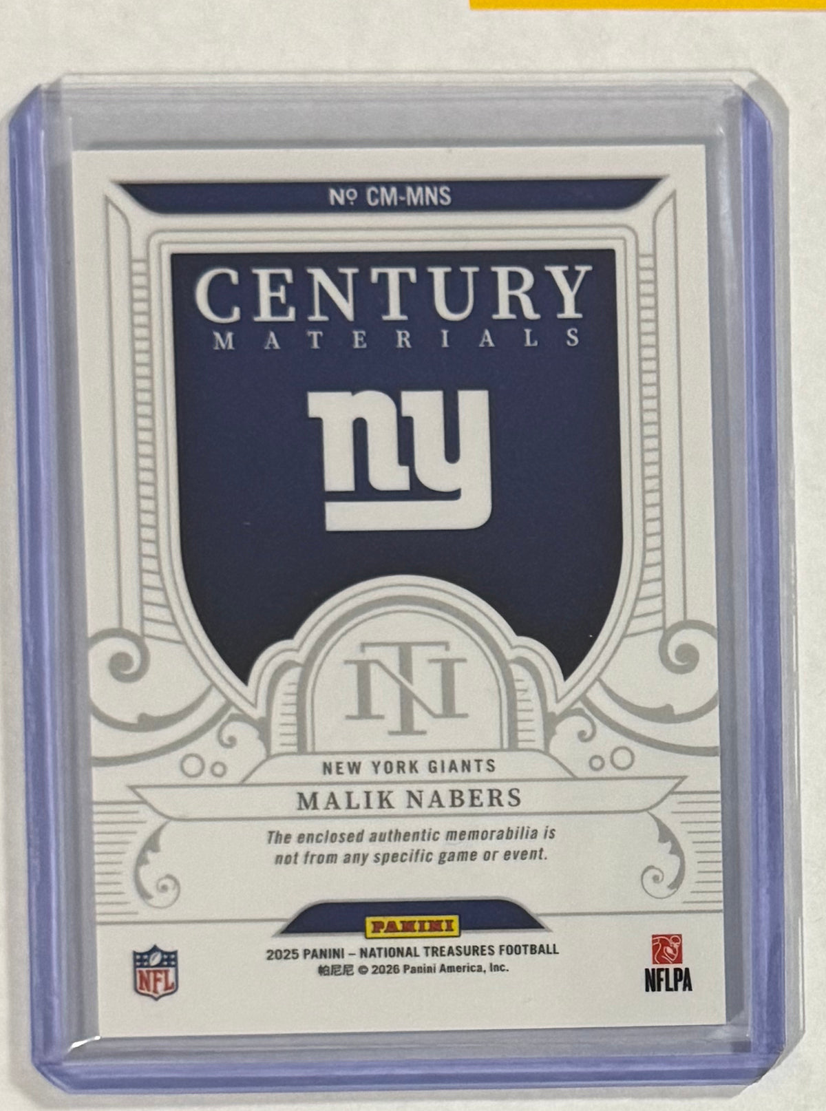 2025 Malik Nabers — National Treasures Century Materials [Base] — back — Inventory P082-A