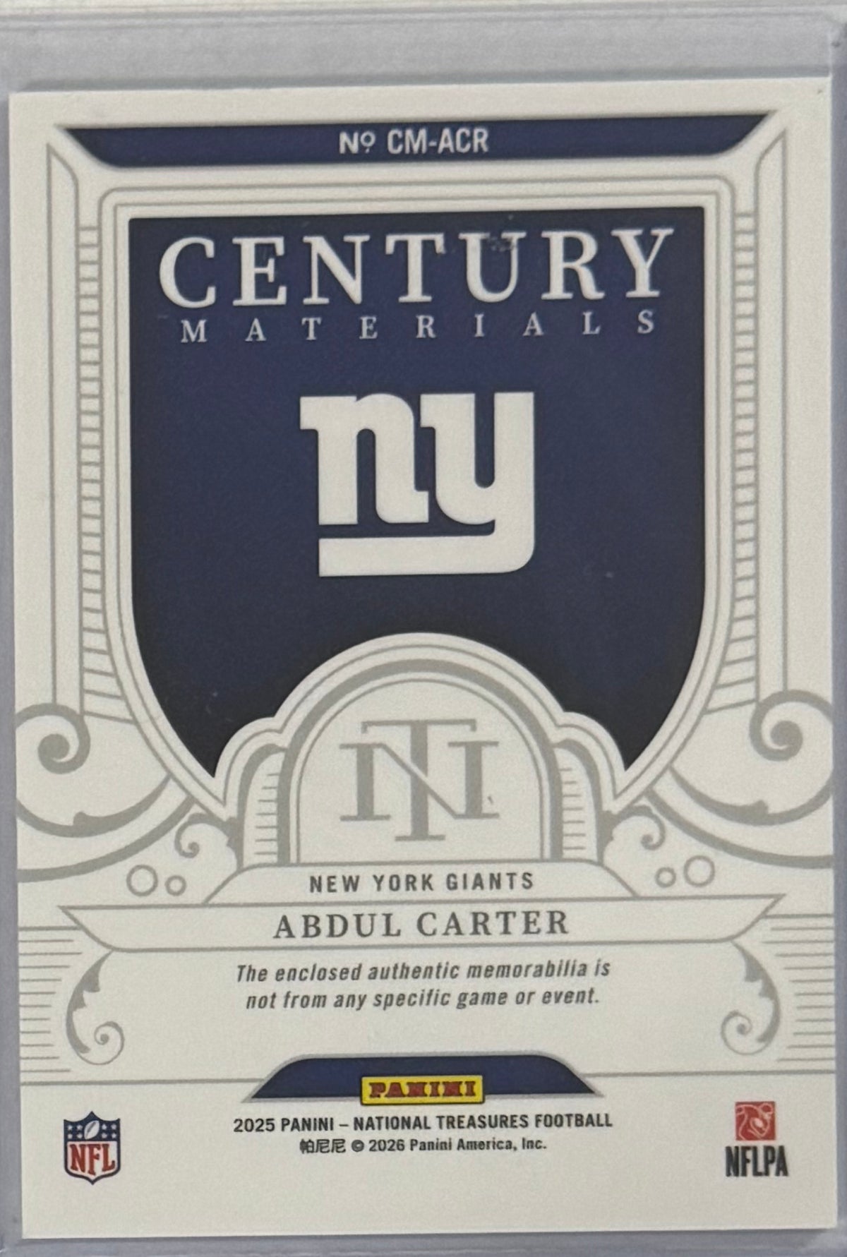 2025 Abdul Carter — National Treasures Century Materials [Base] — back — Inventory P082-B