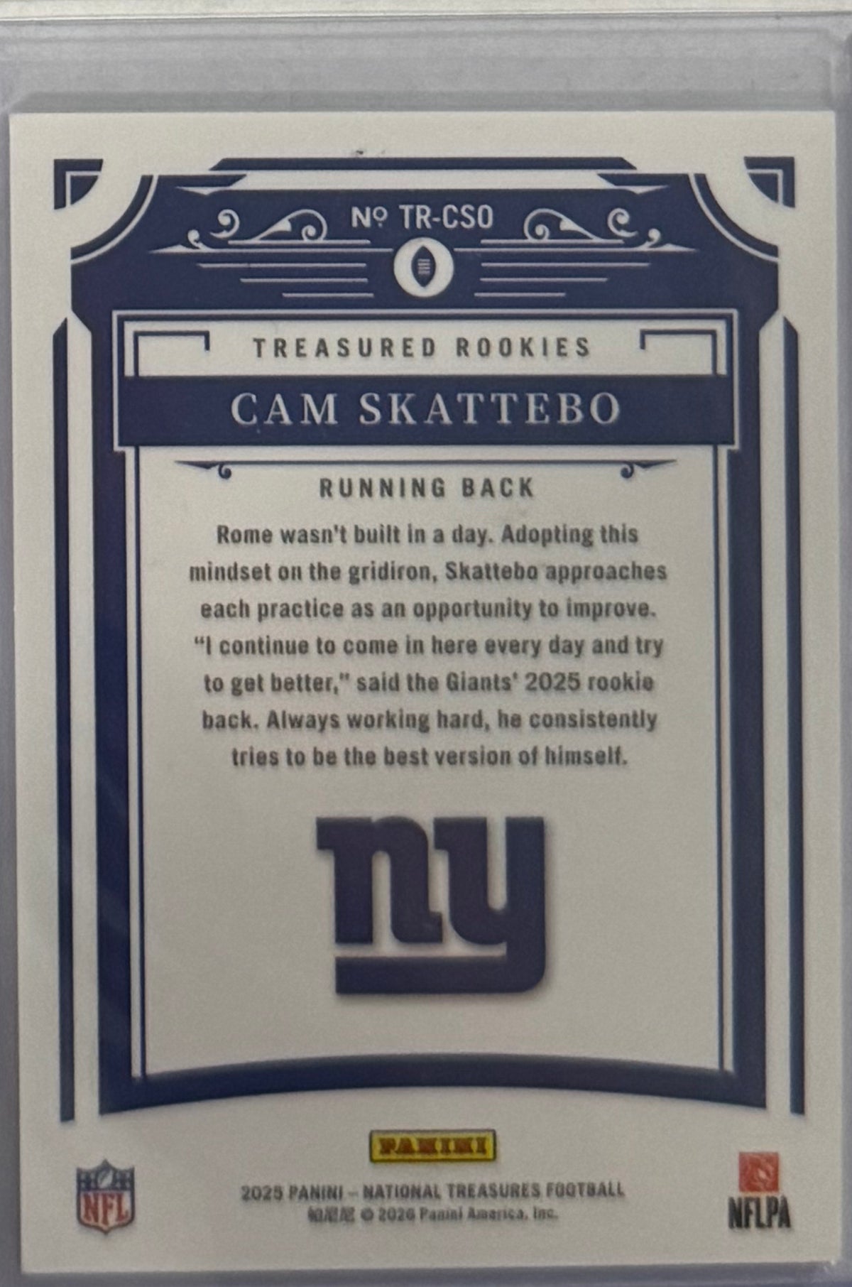 2025 Cam Skattebo — National Treasures Treasured Rookies [Holo Silver] — back — Inventory P082-D